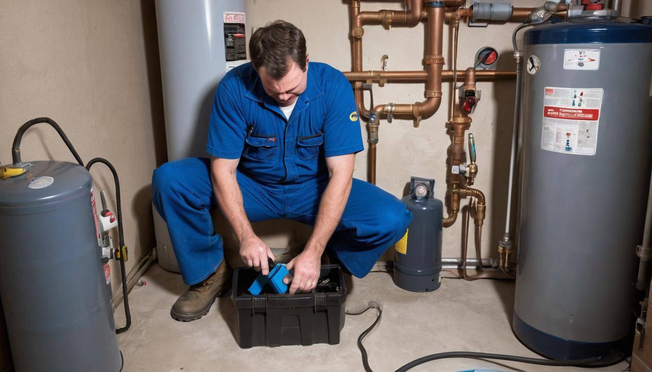 Plumber inspecting hot water tank