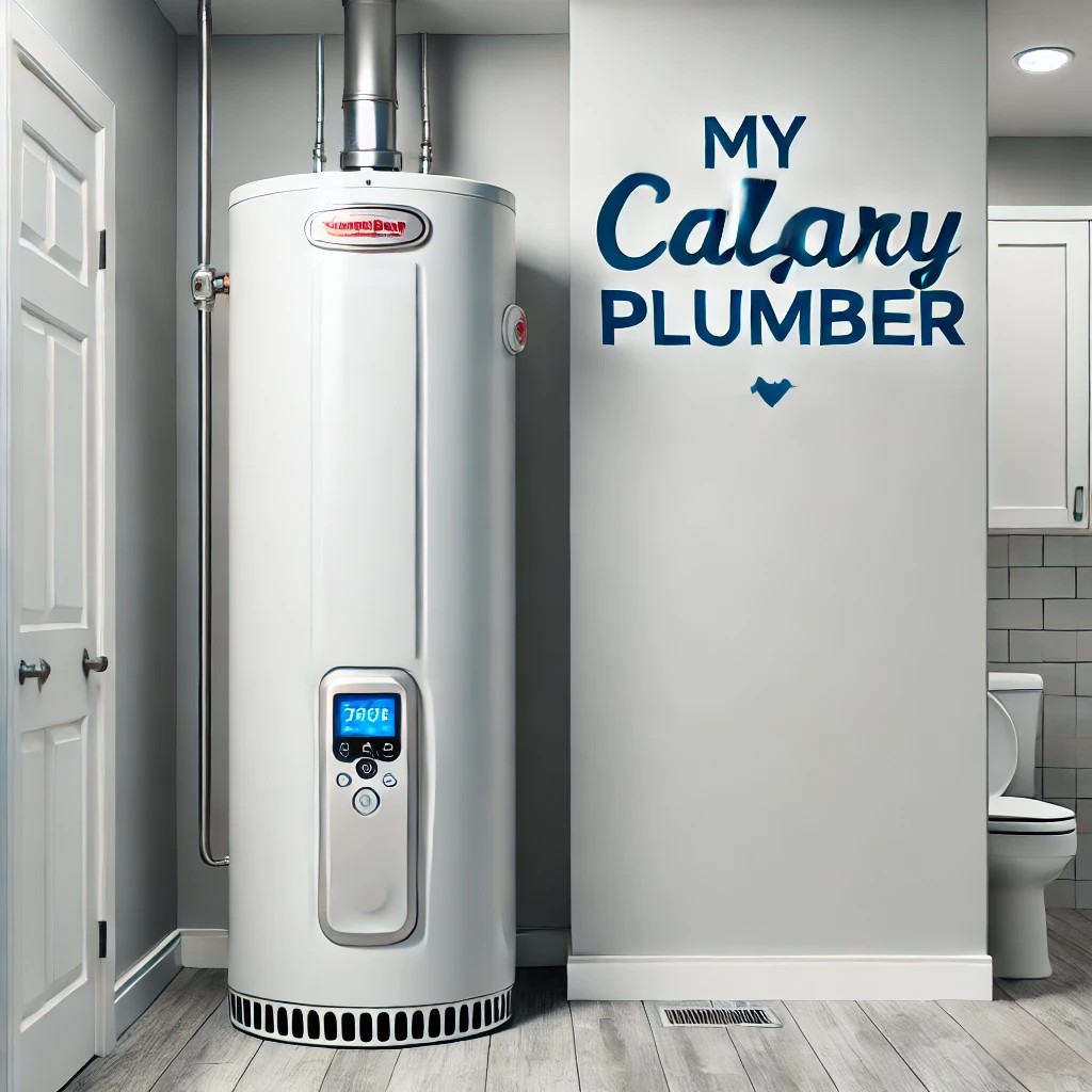 Modern high-efficiency water heater in a clean utility room. My Calgary Plumber provides expert water heater repair and installation services in Calgary.