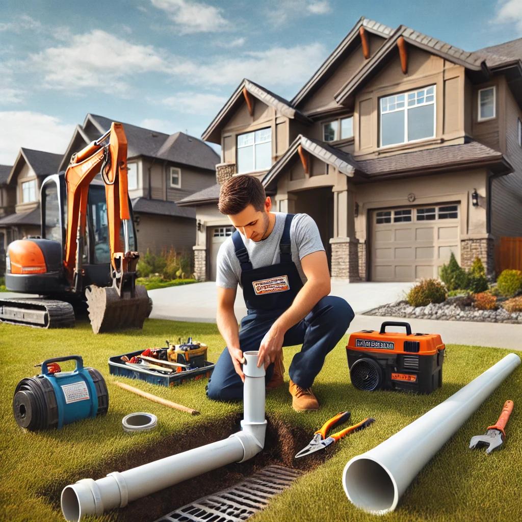 A professional plumber installing a drainage pipe in a residential backyard in Calgary, Canada. The plumber is working with tools and PVC pipes near a small excavator, with a suburban house and well-maintained landscaping in the background. The uniform features the 'My Calgary Plumber' logo, emphasizing expert plumbing services.