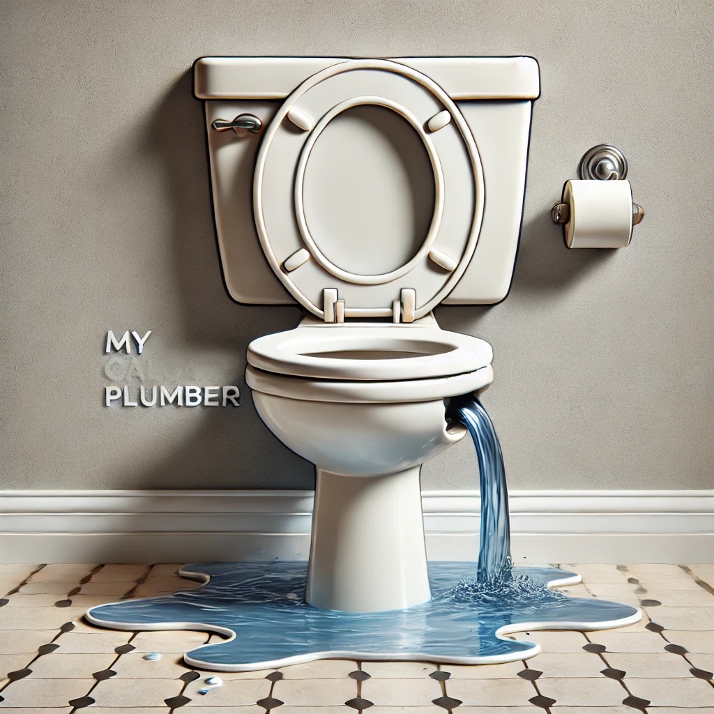 Broken toilet with water leaking from the base, highlighting the need for professional toilet repair in Calgary