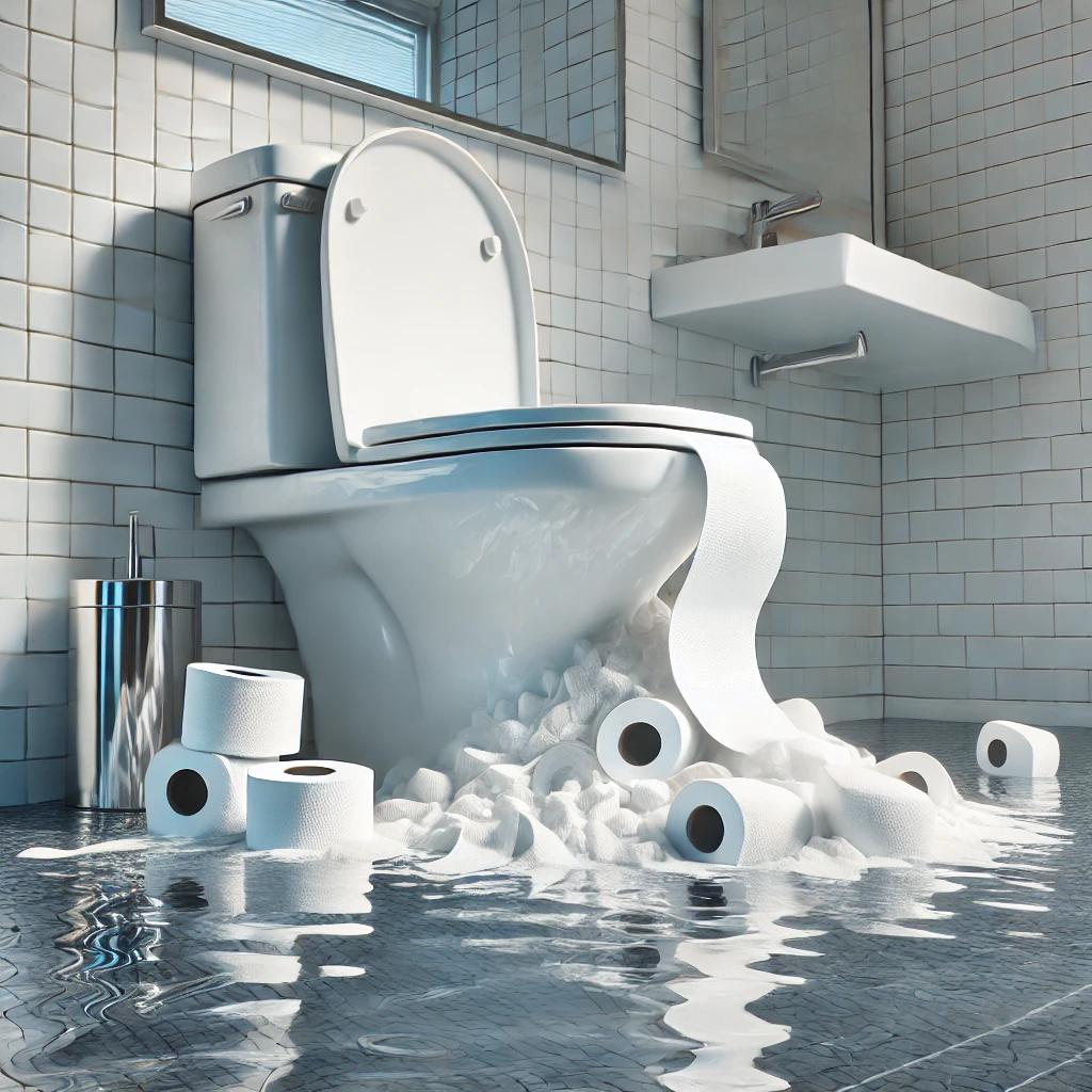 A realistic illustration of a clogged toilet in Calgary, AB, featuring pieces of toilet paper scattered and partially blocking the toilet bowl, highlighting the issue of excessive paper use in modern plumbing systems.