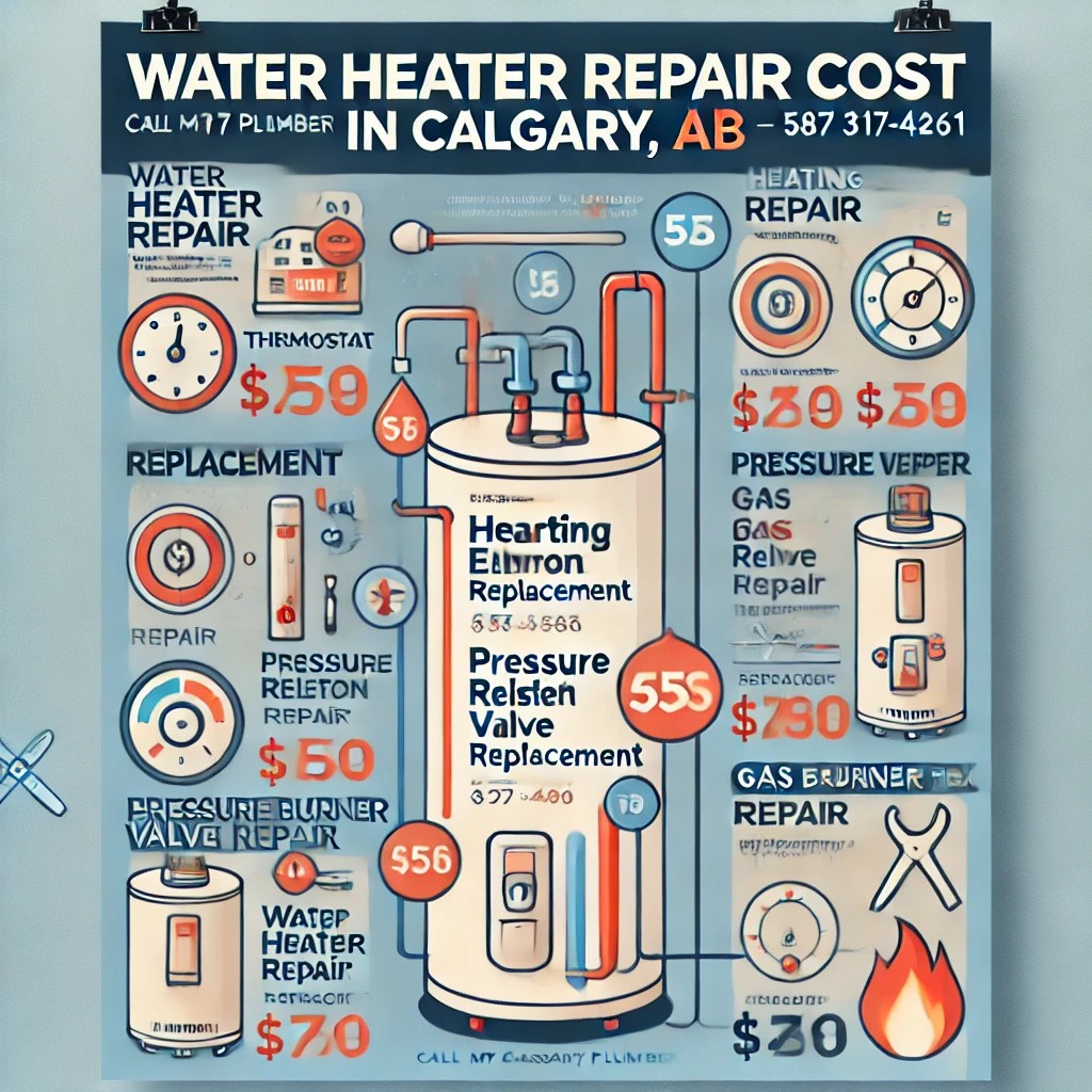 Infographic showing the cost of water heater repair in Calgary, AB. It includes price ranges for common repairs such as thermostat replacement, heating element repair, pressure relief valve replacement, and gas burner fixes. The image also features a call-to-action at the bottom, encouraging homeowners to call My Calgary Plumber at (587) 317-4261 for professional water heater repair services.