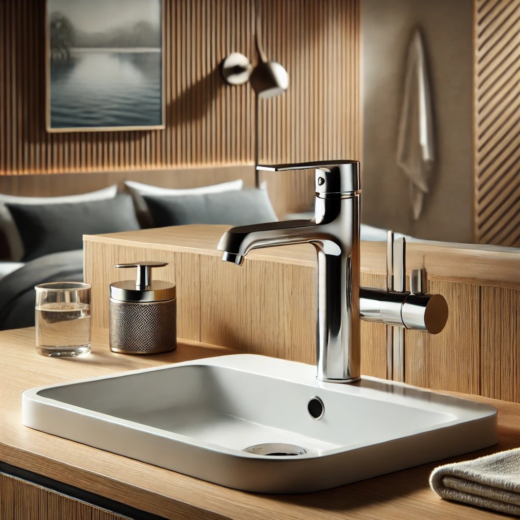 A sleek chrome-finished single-handle bathroom faucet installed on a white ceramic sink in a contemporary Calgary home