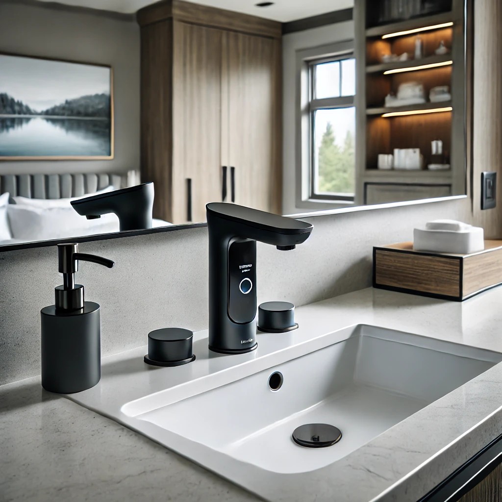 A touchless motion-sensor bathroom faucet in a matte black finish, installed on a modern white vanity in a Calgary home