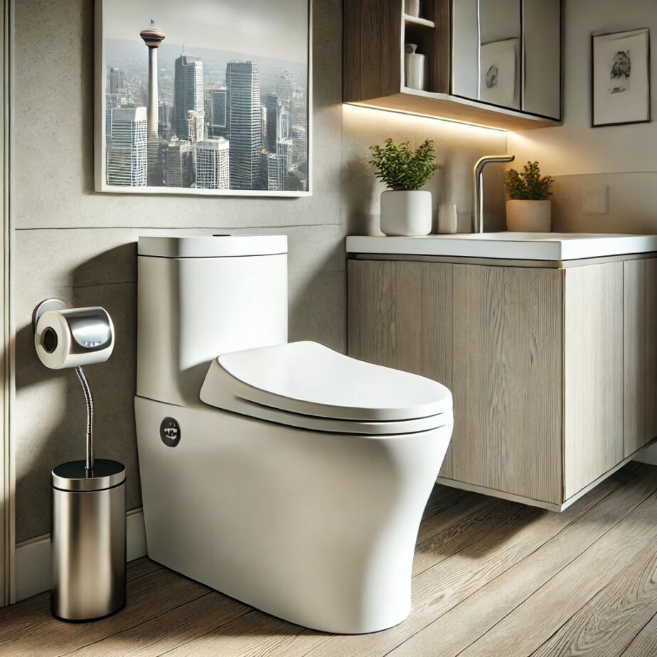 A sleek, water-saving high-efficiency toilet installed in a modern Calgary bathroom