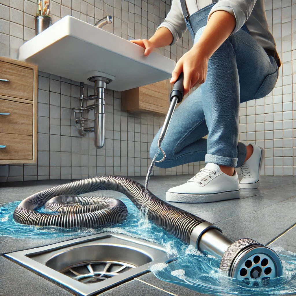 A professional plumber using a drain snake to clear a blocked drain in a modern bathroom sink.