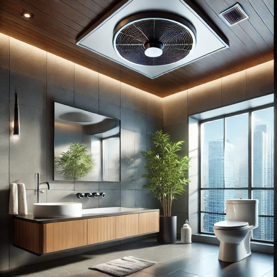 A modern, well-ventilated bathroom in a Calgary home, featuring an exhaust fan, a window, and a clean, moisture-free environment