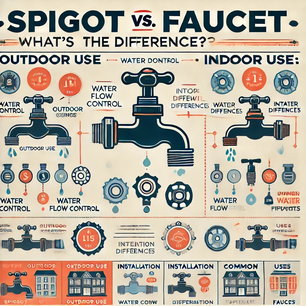 An infographic comparing spigots and faucets, featuring their use cases, materials, maintenance tips, and installation differences.