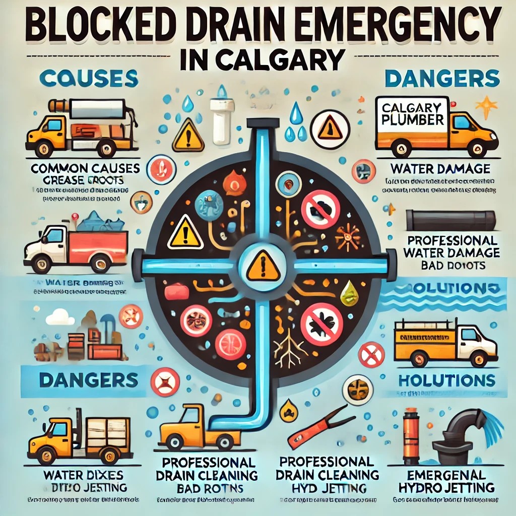 An infographic explaining blocked drain emergencies in Calgary, including common causes, risks, and solutions with a call-to-action for professional plumbing services