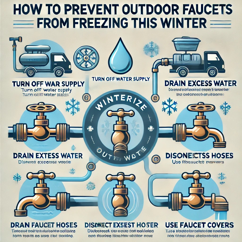 An infographic showing the steps to winterize outdoor faucets, including turning off the water supply, draining excess water, disconnecting hoses, and using faucet covers.