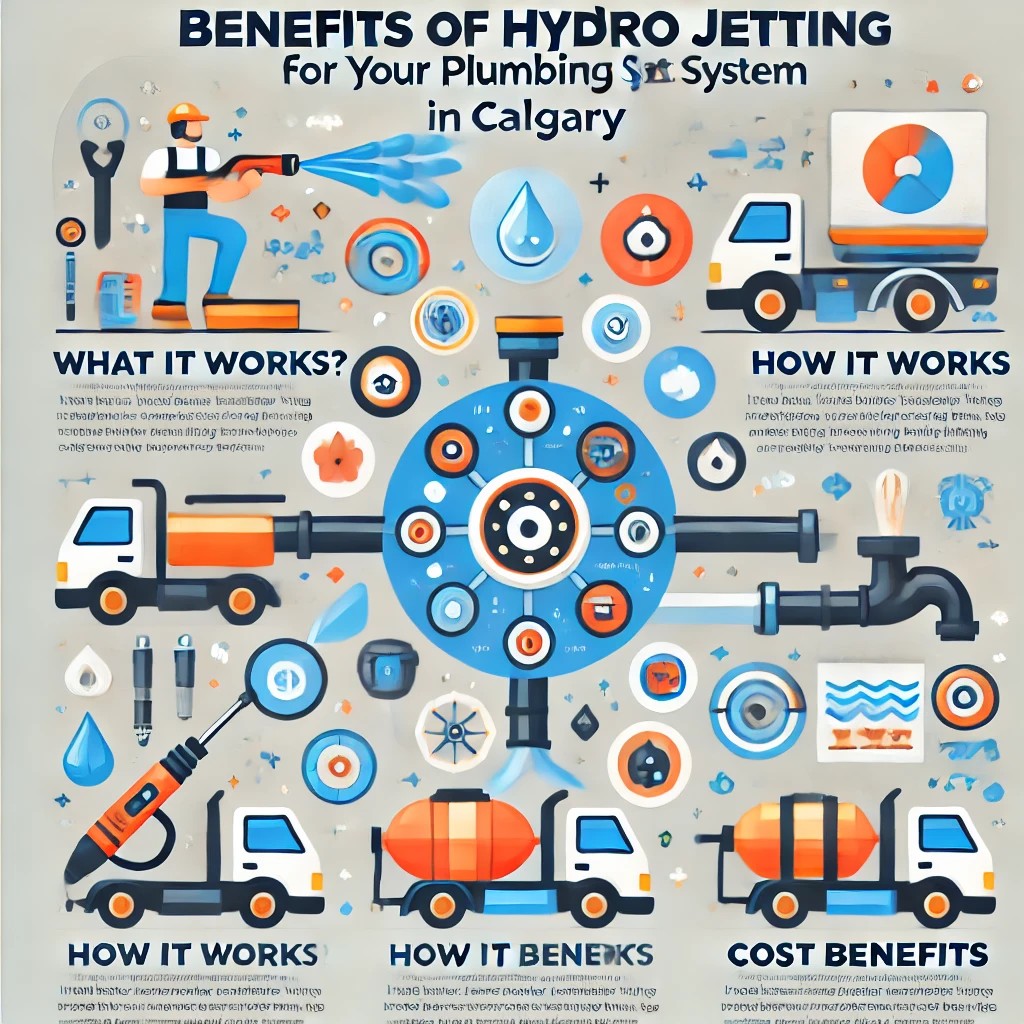 An infographic detailing the benefits of hydro jetting, including how it works, when to use it, and a cost comparison against traditional drain cleaning methods