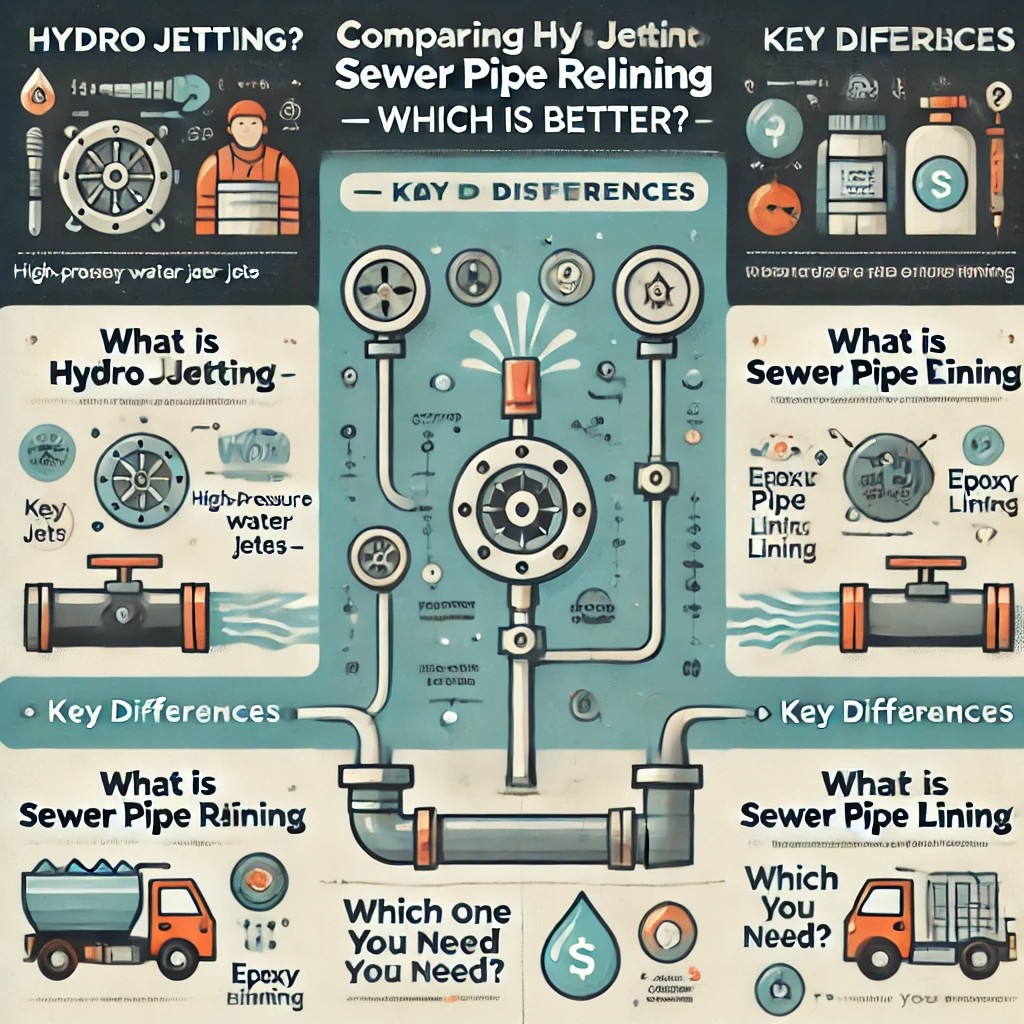 An infographic comparing hydro jetting and sewer pipe relining, highlighting key differences, benefits, and when to use each method