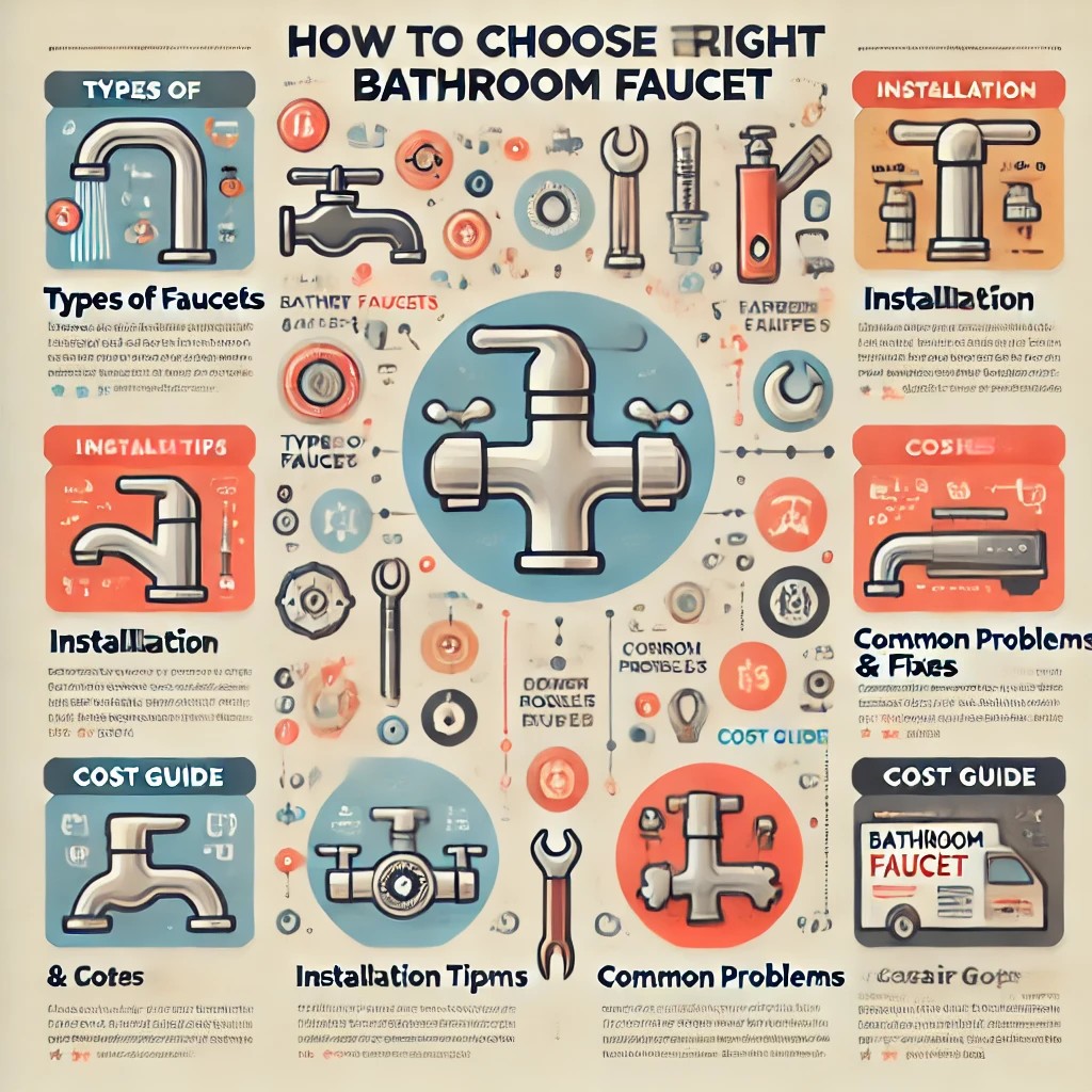 An infographic explaining how to choose the right bathroom faucet, covering faucet types, installation tips, common issues, and cost breakdowns.