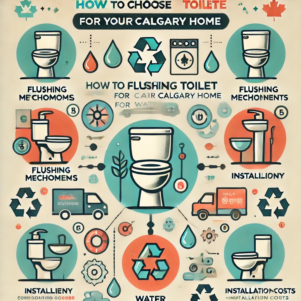 An infographic explaining toilet types, flushing mechanisms, water efficiency, and installation costs for Calgary homeowners