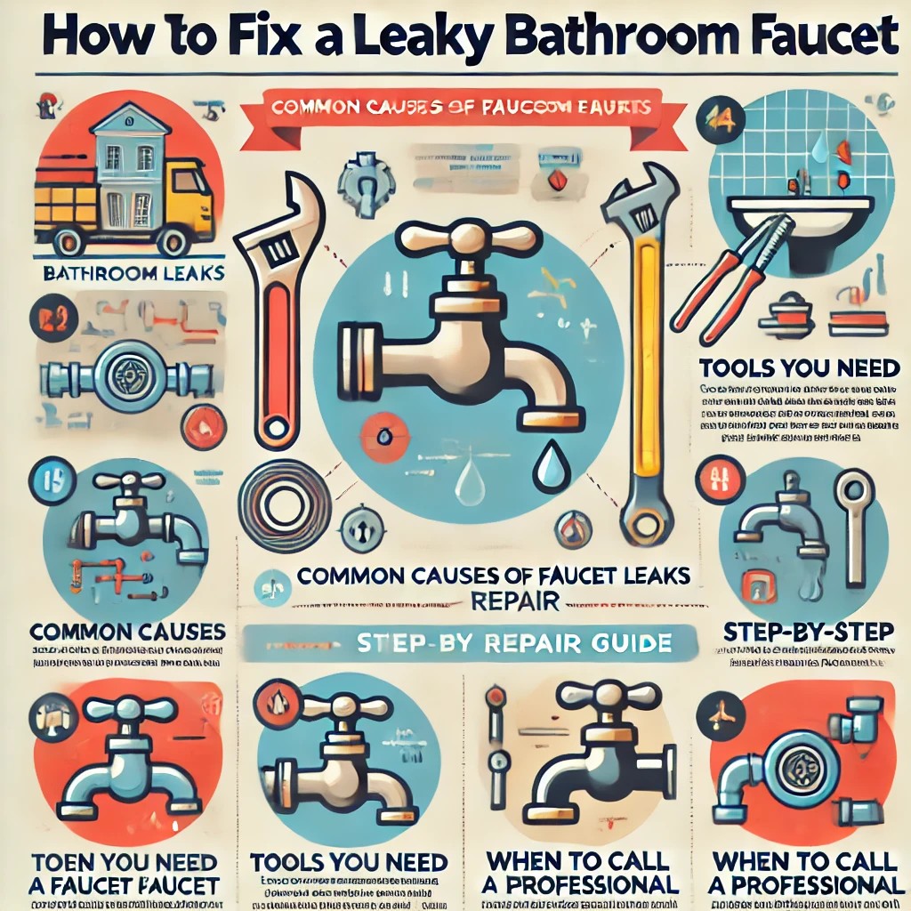 An infographic outlining the steps to fix a leaky bathroom faucet, including causes, tools needed, and repair guide