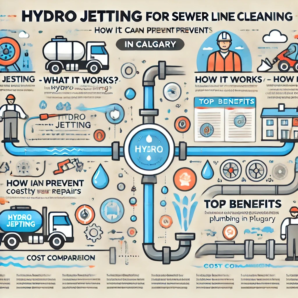 An infographic explaining hydro jetting for sewer line cleaning, covering benefits, how it works, and cost comparisons against traditional methods