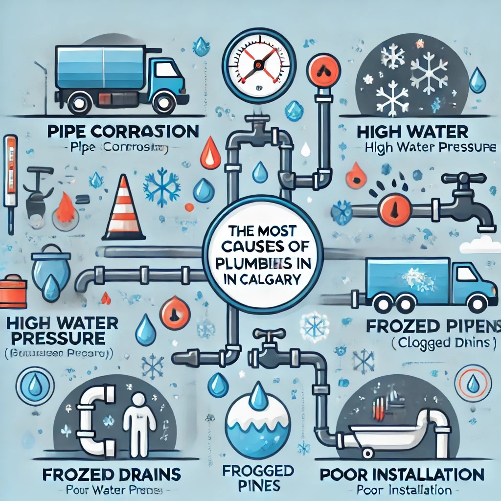 An infographic showing the most common causes of plumbing leaks, including pipe corrosion, high water pressure, frozen pipes, clogged drains, and poor installation