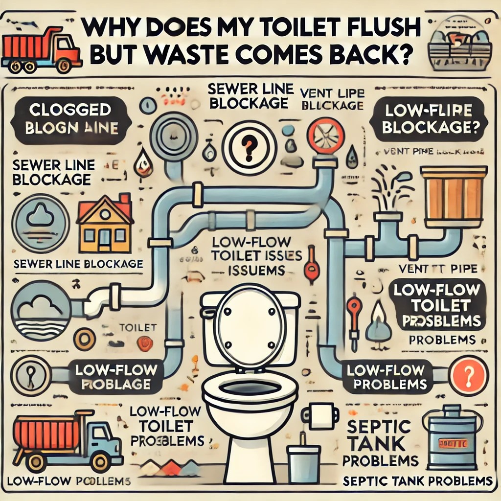 An infographic illustrating the causes of toilet backups, including clogged drain lines, sewer line issues, and vent pipe blockages