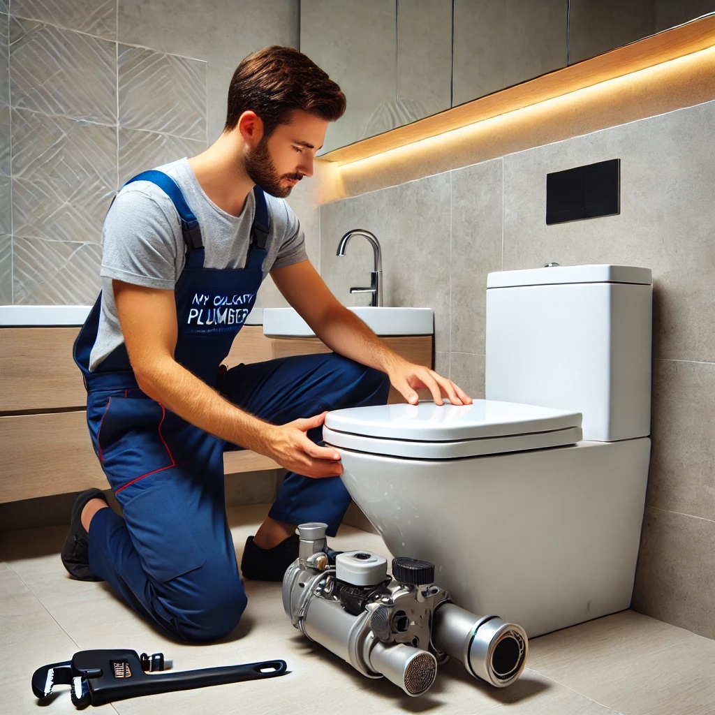 Plumber performing hydro jetting on a clogged drain in a Calgary home.