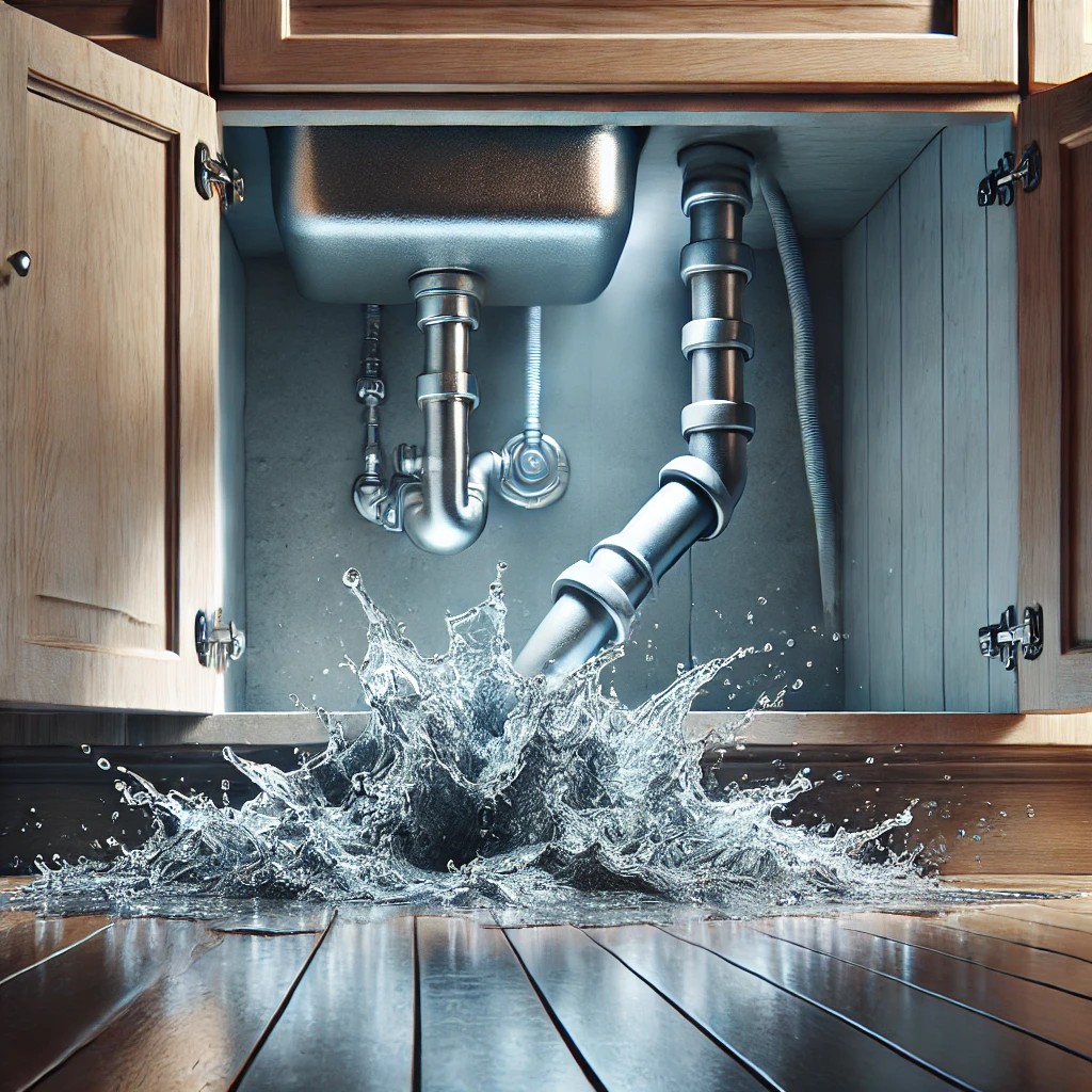 A burst pipe under a kitchen sink leaking water onto the cabinet floor, highlighting a common cause of plumbing leaks in Calgary