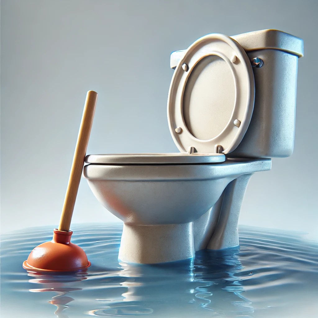 A toilet with water rising dangerously close to the rim, indicating a serious clog