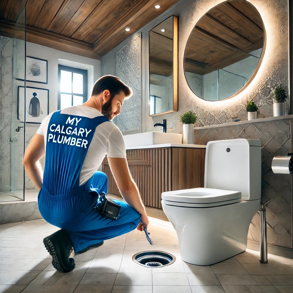  A professional plumber from My Calgary Plumber fixing a clogged toilet in a Calgary home, using a plunger with tools nearby.