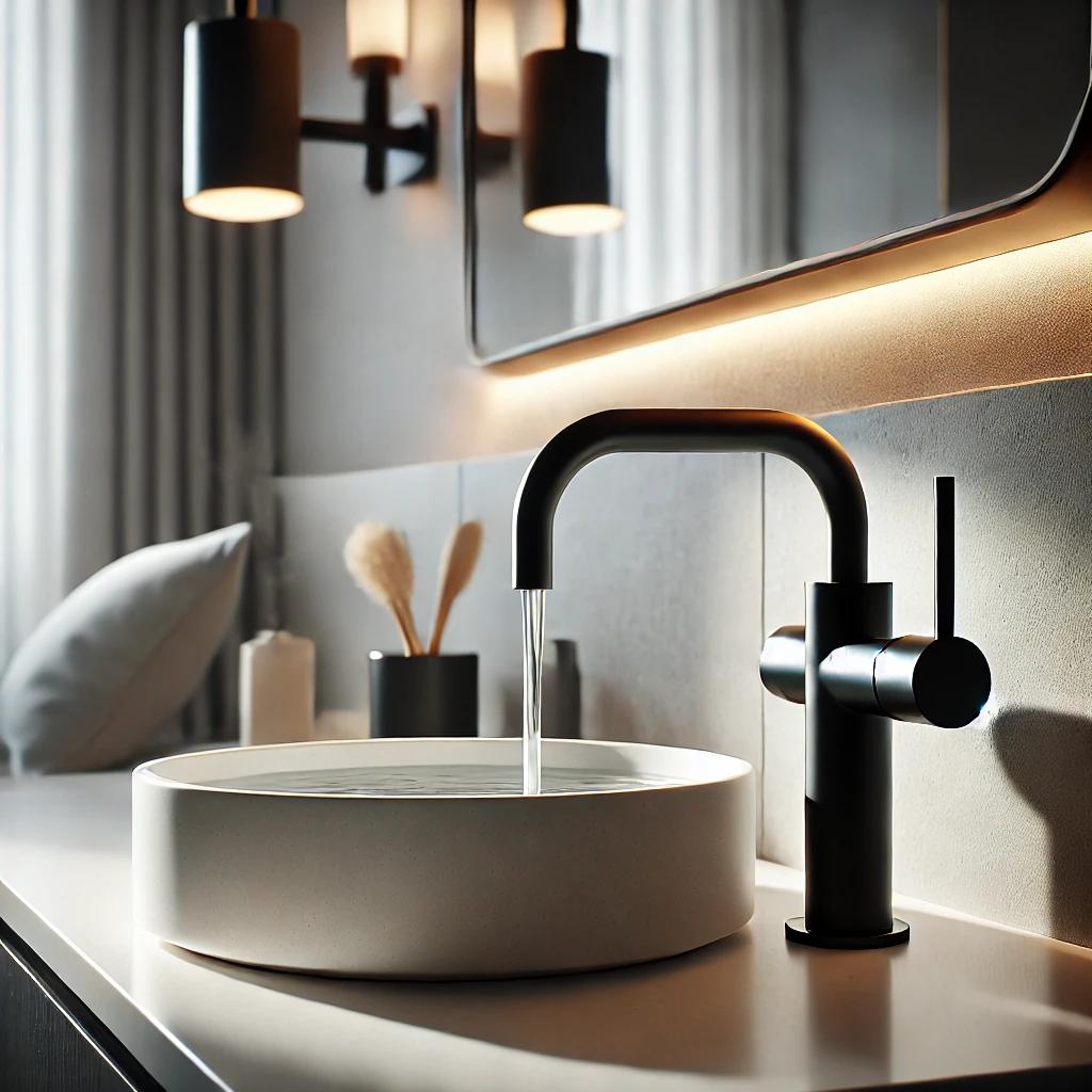 A chrome waterfall faucet elegantly flowing into a vessel sink