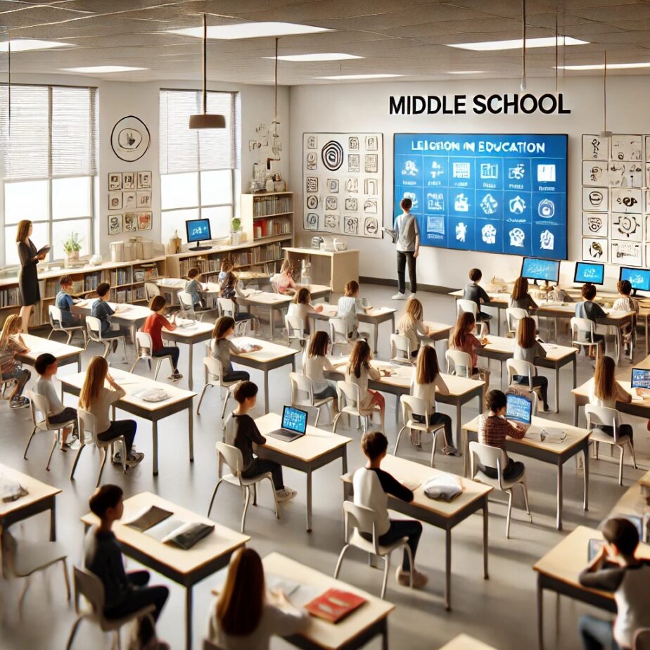 A bright and spacious classroom in a Calgary middle school with students engaged in learning.