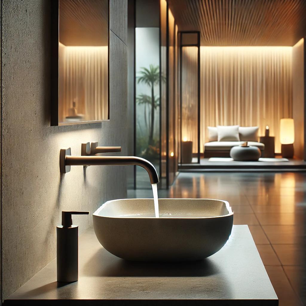 A high-end faucet with a gentle water stream in a modern bathroom.