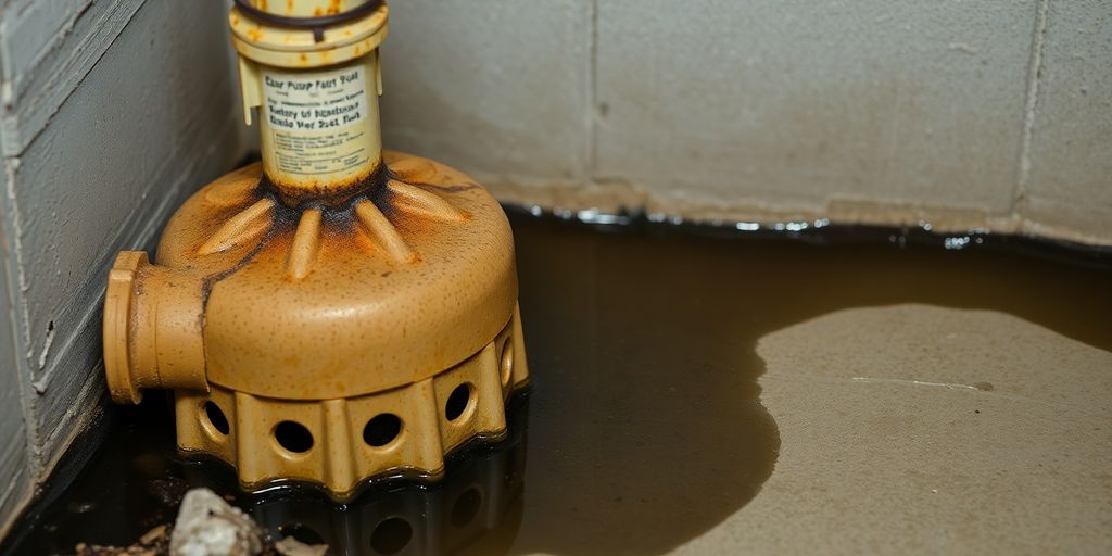 Close-up of an older sump pump in a basement setting.