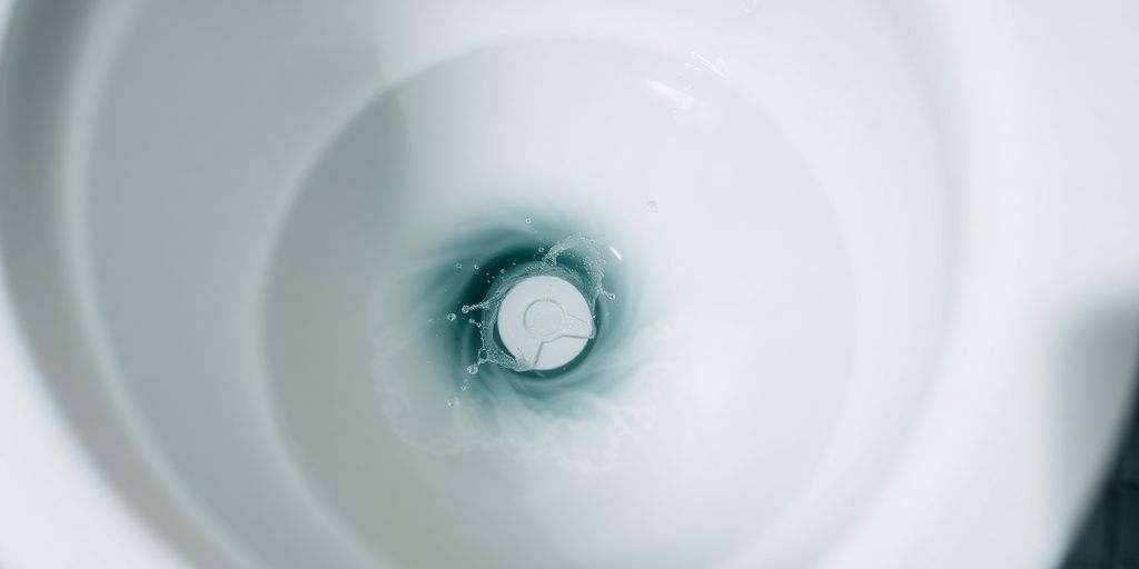 Close-up of toilet tank with water swirling in bowl.