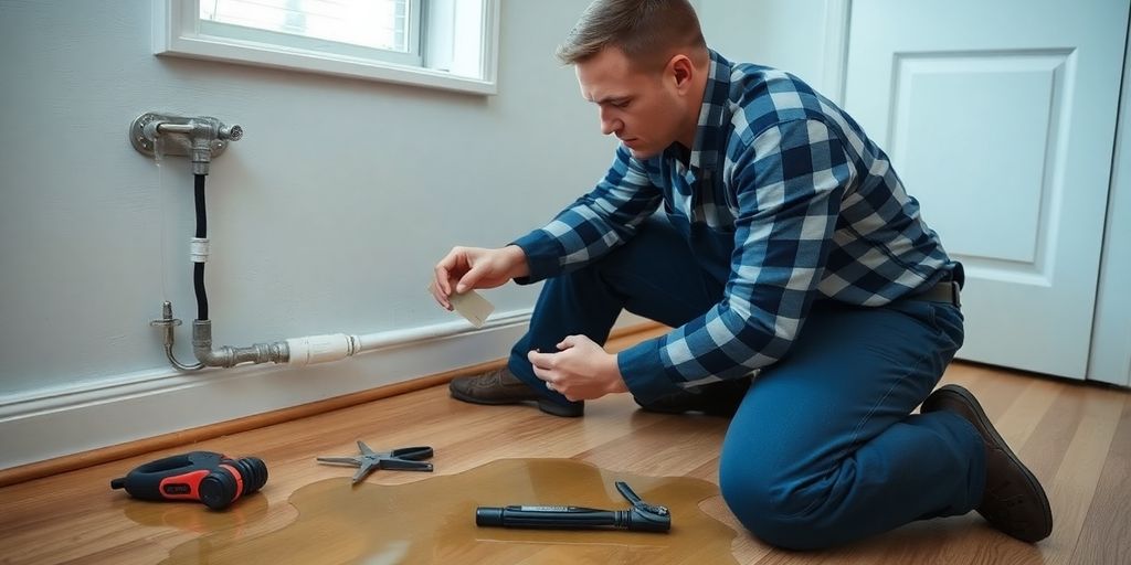 Plumber fixing a burst pipe in a Calgary home.