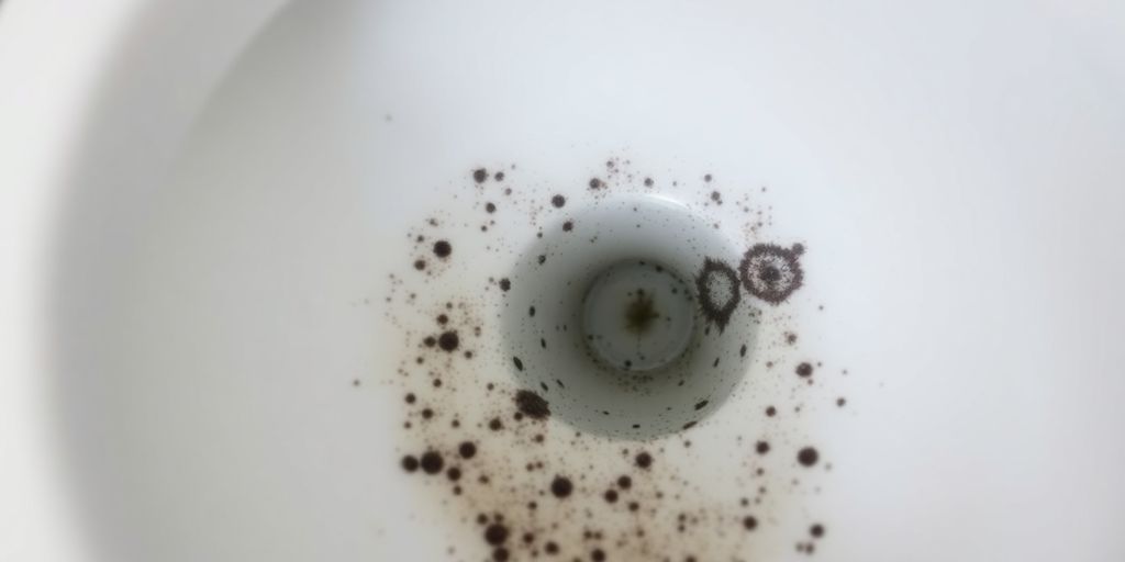 Close-up of black mold in a toilet bowl.