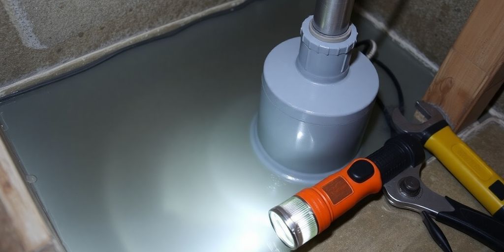 Basement sump pump with tools for emergency repair.