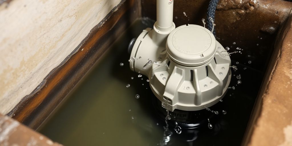 Close-up of a sump pump in a basement with water.